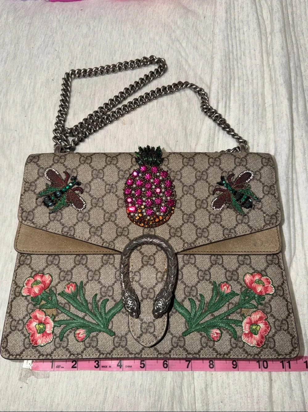 Gucci Beige GG Supreme Embroidered Dionysus Shoulder Bag with Pineapple Detail
